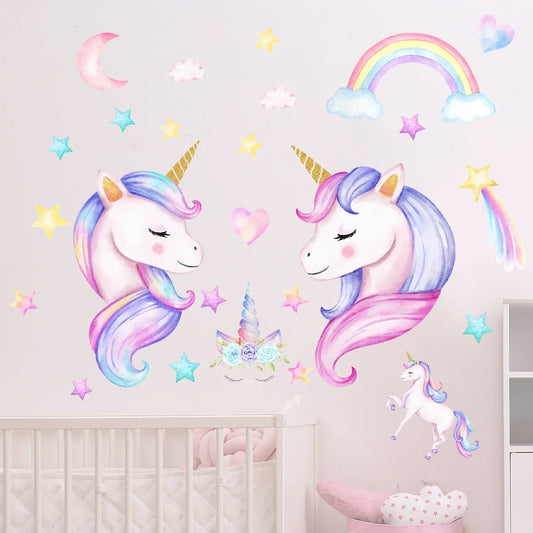 Cartoon Rainbow Moon Stars Unicorn Wall Decals For Kids (2pcs)-HomeDecorDecals_com