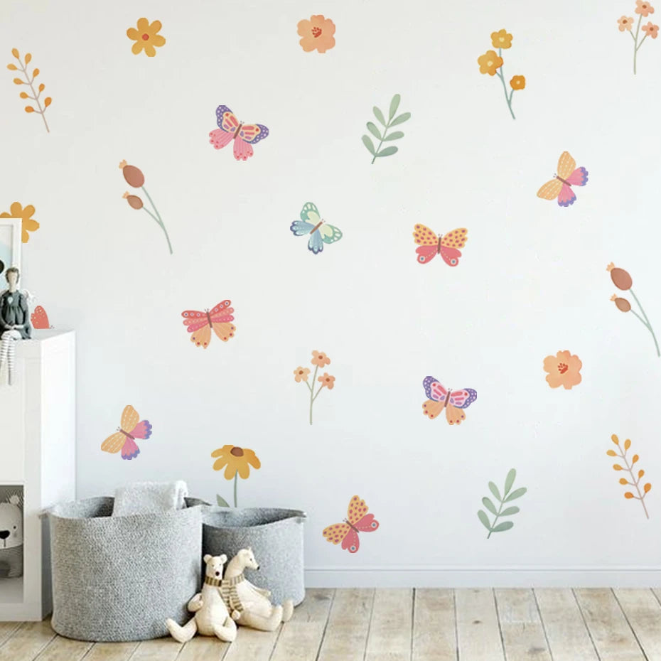 Watercolour Butterfly and Flowers Cartoon Wall Decal | Home Decor decorative wall feature by HomeDecorDecals.
