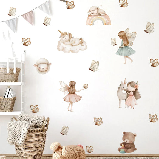 Watercolor Unicorn Fairy Bear Rainbow Wall Stickers Baby Room Wall Decoration Children Room Decor Bedroom Living Room-HomeDecorDecals_com