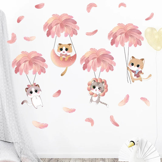 Hand-paint Pink Feather Balloon Cute Cats Cartoon Wall Stickers for Kids Room Baby Nursery Wall Decals Home Decorative Stickers-HomeDecorDecals_com