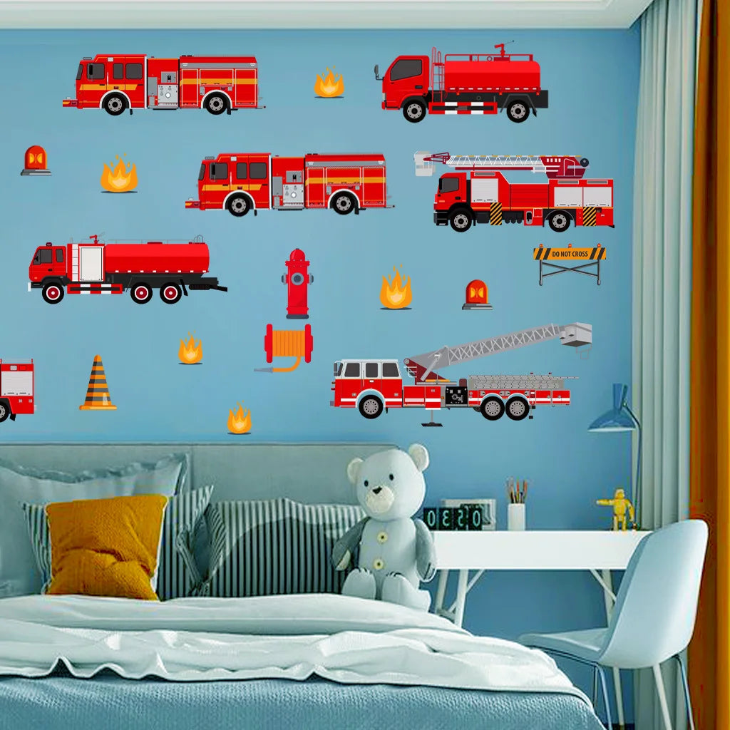 Cartoon Fire Truck Wall Decor Decals Kids Room Playroom Bedroom Firetruck Poster Mural Wall Stickers Kids Room Nursery Decor-HomeDecorDecals_com