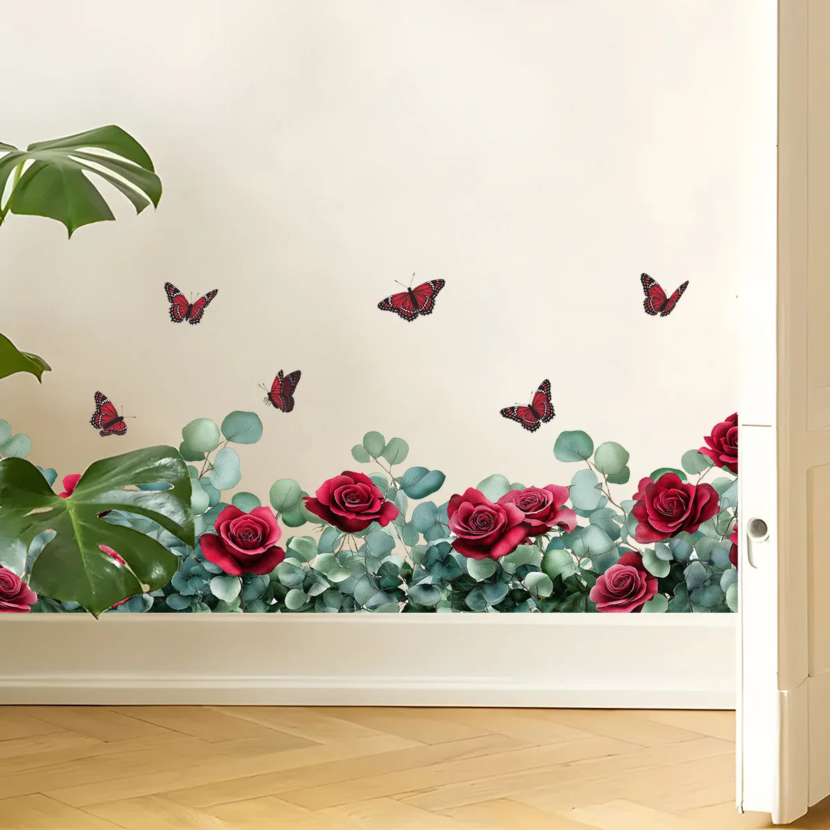 Retro Red Rose Flowers and Butterfly Wall Decal | Home Decor displayed in room decor by HomeDecorDecals.