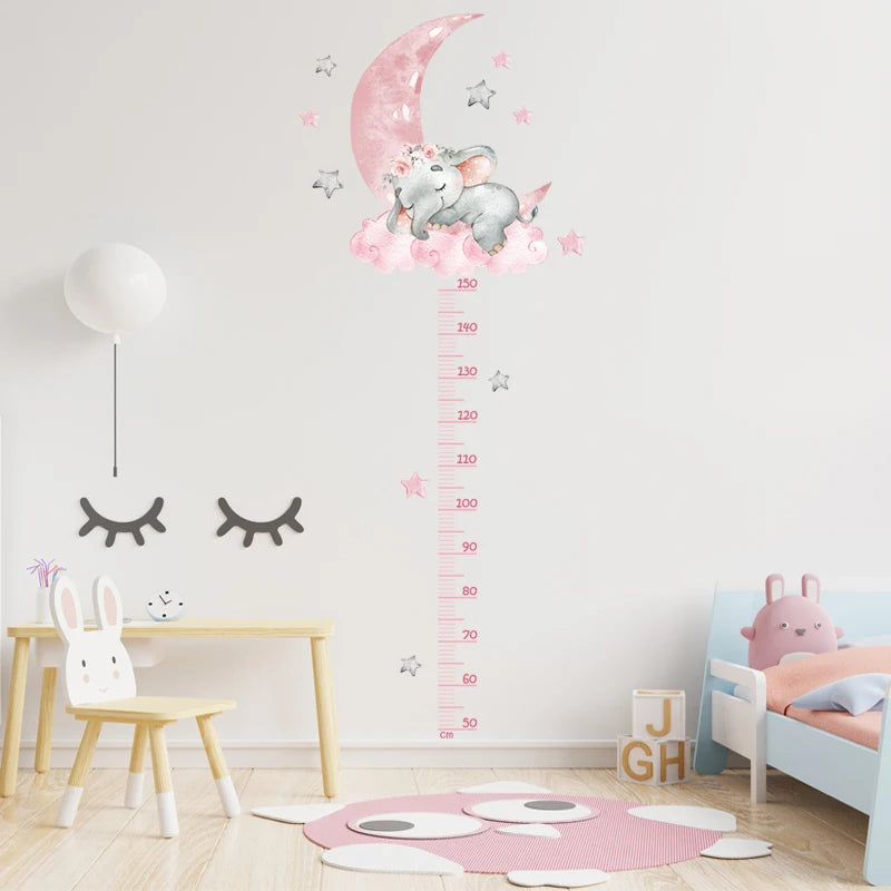 Large Sleeping Elephant Bear Moon Height Measure Wall Stickers for Kids Room Growth Chart Animals Ruller Wall Decals Home Decor-HomeDecorDecals_com