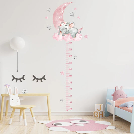 Large Sleeping Elephant Bear Moon Height Measure Wall Stickers for Kids Room Growth Chart Animals Ruller Wall Decals Home Decor-HomeDecorDecals_com