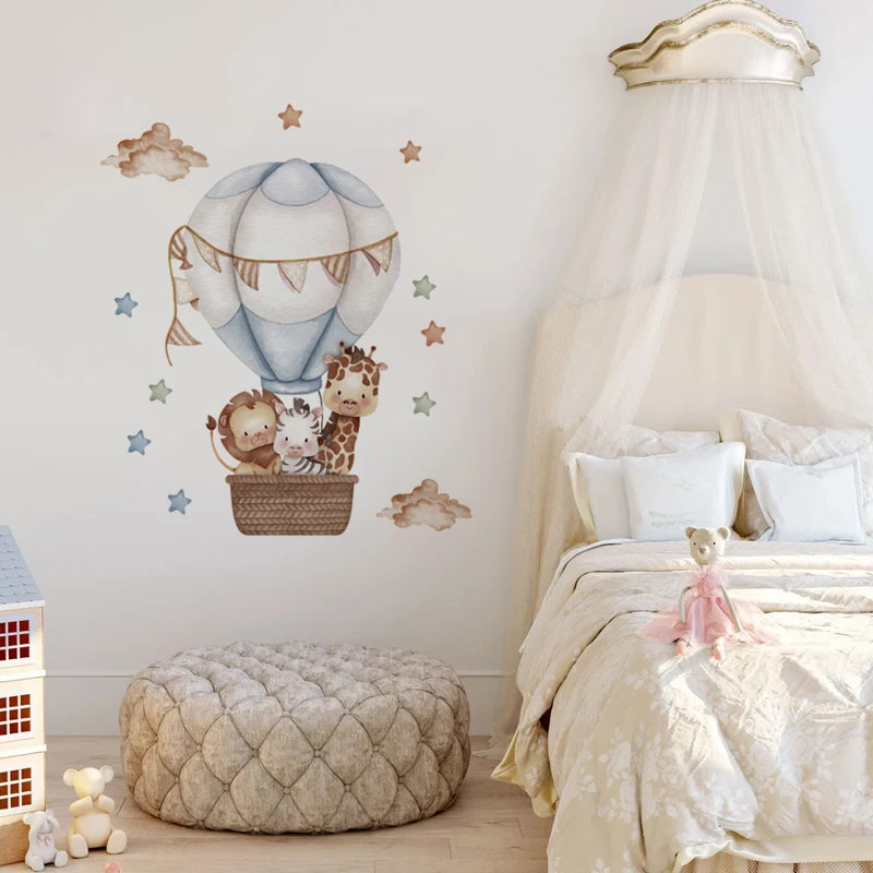 Watercolour giraffe Hot Air Balloon Wall Stickers for Baby Nursery Room Decals Baby Girls Bears Cartoon Animals Kids Stickers-HomeDecorDecals_com