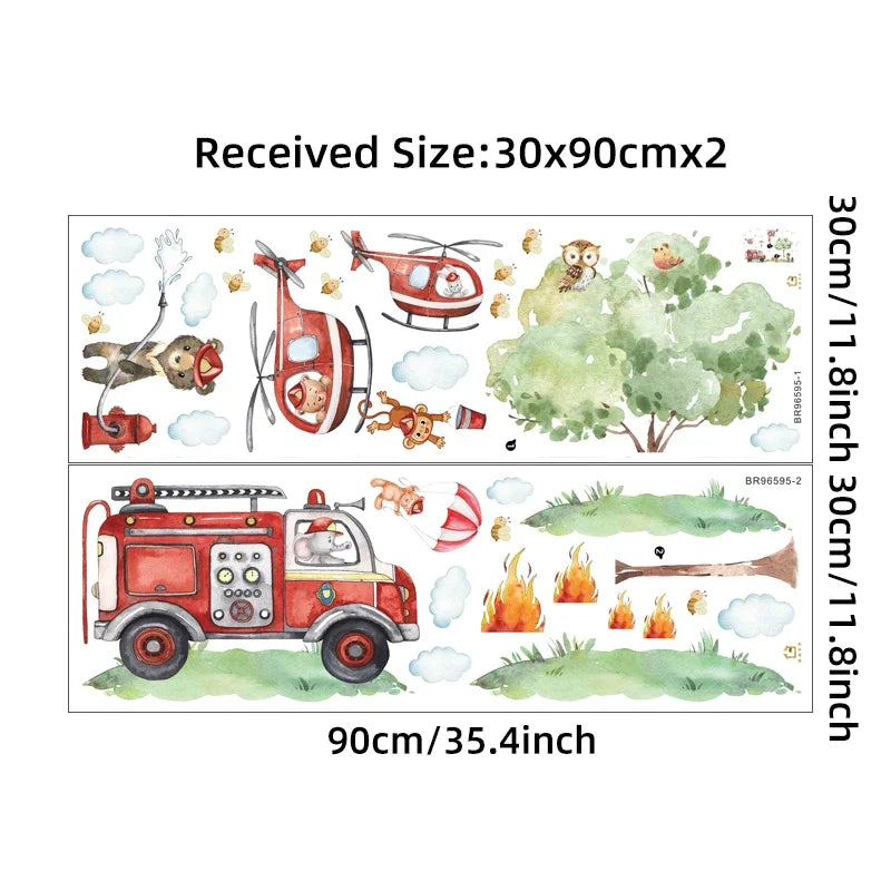 Cartoon A GrouCartoon Animal Fireman Helicopter Fire Truck Wall Stickers for Kids Room Bedroom Nursery Decoration Wall Decals-HomeDecorDecals_com
