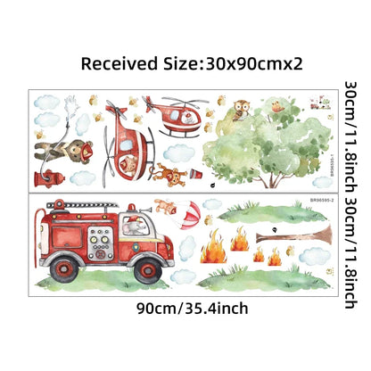 Cartoon A GrouCartoon Animal Fireman Helicopter Fire Truck Wall Stickers for Kids Room Bedroom Nursery Decoration Wall Decals-HomeDecorDecals_com
