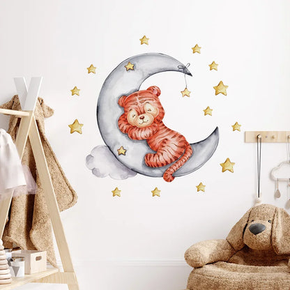 Cartoon Grey Baby Elephant Moon Gold Stars Wall Stickers for Kids Room Decor Nurserry Wall Decals Girl Boy Room Decorative-HomeDecorDecals_com