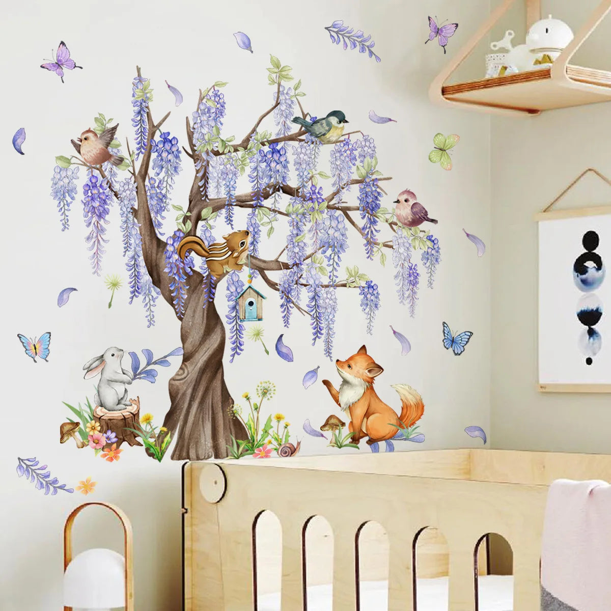 Under the Wisteria Tree Cartoon Animal Wall Stickers Rabbit Fox Butterfly Wall Sticker Children's Room Living Room Home Decals-HomeDecorDecals_com