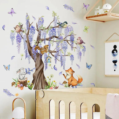 Under the Wisteria Tree Cartoon Animal Wall Stickers Rabbit Fox Butterfly Wall Sticker Children's Room Living Room Home Decals-HomeDecorDecals_com