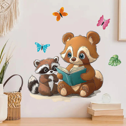 Cartoon Parent Child Raccoon Reading Wall Decal | Room Decor by HomeDecorDecals.