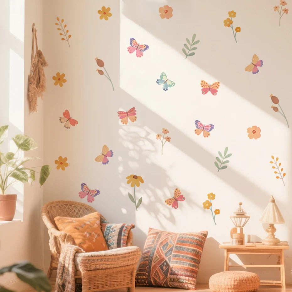 Close-up view of Watercolour Butterfly and Flowers Cartoon Wall Decal | Home Decor by HomeDecorDecals.