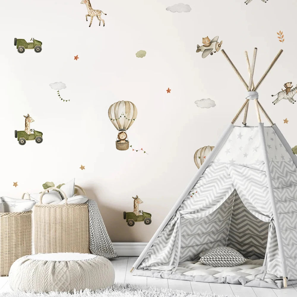Lovely Animal Balloon Elephant Lion Giraffe Wall Stickers Nursery Home Decoration for Kids Room Baby Boys Bedroom Interior Decor-HomeDecorDecals_com