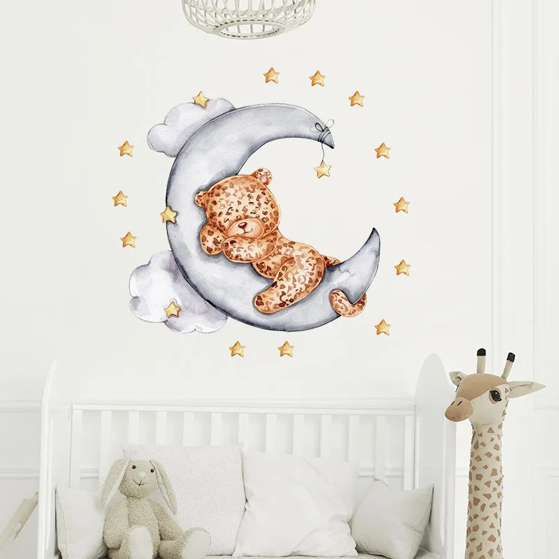 Cartoon Grey Baby Elephant Moon Gold Stars Wall Stickers for Kids Room Decor Nurserry Wall Decals Girl Boy Room Decorative-HomeDecorDecals_com
