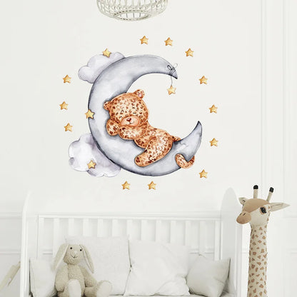 Cartoon Grey Baby Elephant Moon Gold Stars Wall Stickers for Kids Room Decor Nurserry Wall Decals Girl Boy Room Decorative-HomeDecorDecals_com