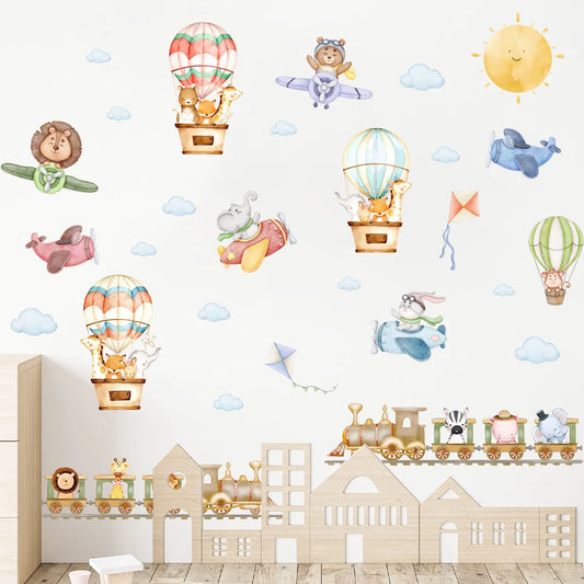 Children's Room Wall Stickers Cartoon Animals on Train Airplane Hot Air Balloon Wall Decals Baby Nursary Kindergarten Decoration-HomeDecorDecals_com