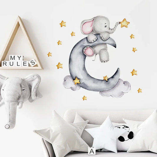 Cartoon Grey Baby Elephant Moon Gold Stars Wall Stickers for Kids Room Decor Nurserry Wall Decals Girl Boy Room Decorative-HomeDecorDecals_com