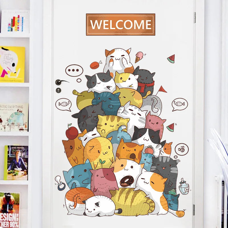 2PCS Cartoon Naughty Cats Stacked Arhats Wall Stickers Kindergarten Children'S Room Wall Decoration Fun Wallpaper-HomeDecorDecals_com