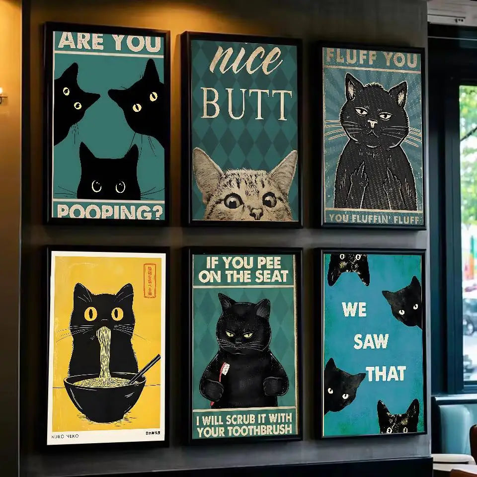 Cute Black Cat Art Are Poster Self-adhesive Art Waterproof Paper Sticker Coffee House Bar Dorm Room Wall Decor-HomeDecorDecals_com