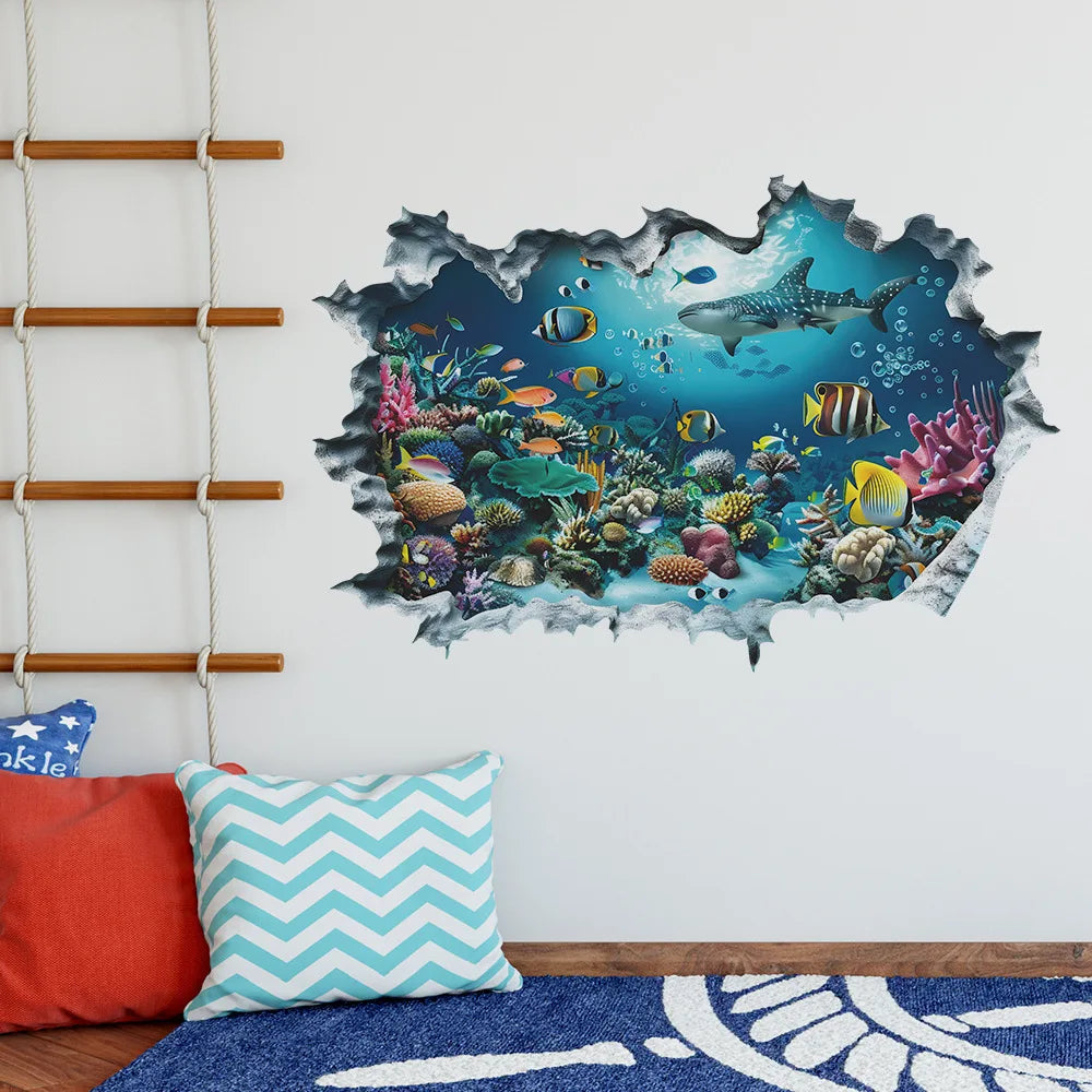 3D Shark Breaking Wall Decal Ocean Underwater World Mural Self-Adhesive Wall Sticker for Bedroom Living Room Home Decoration-HomeDecorDecals_com