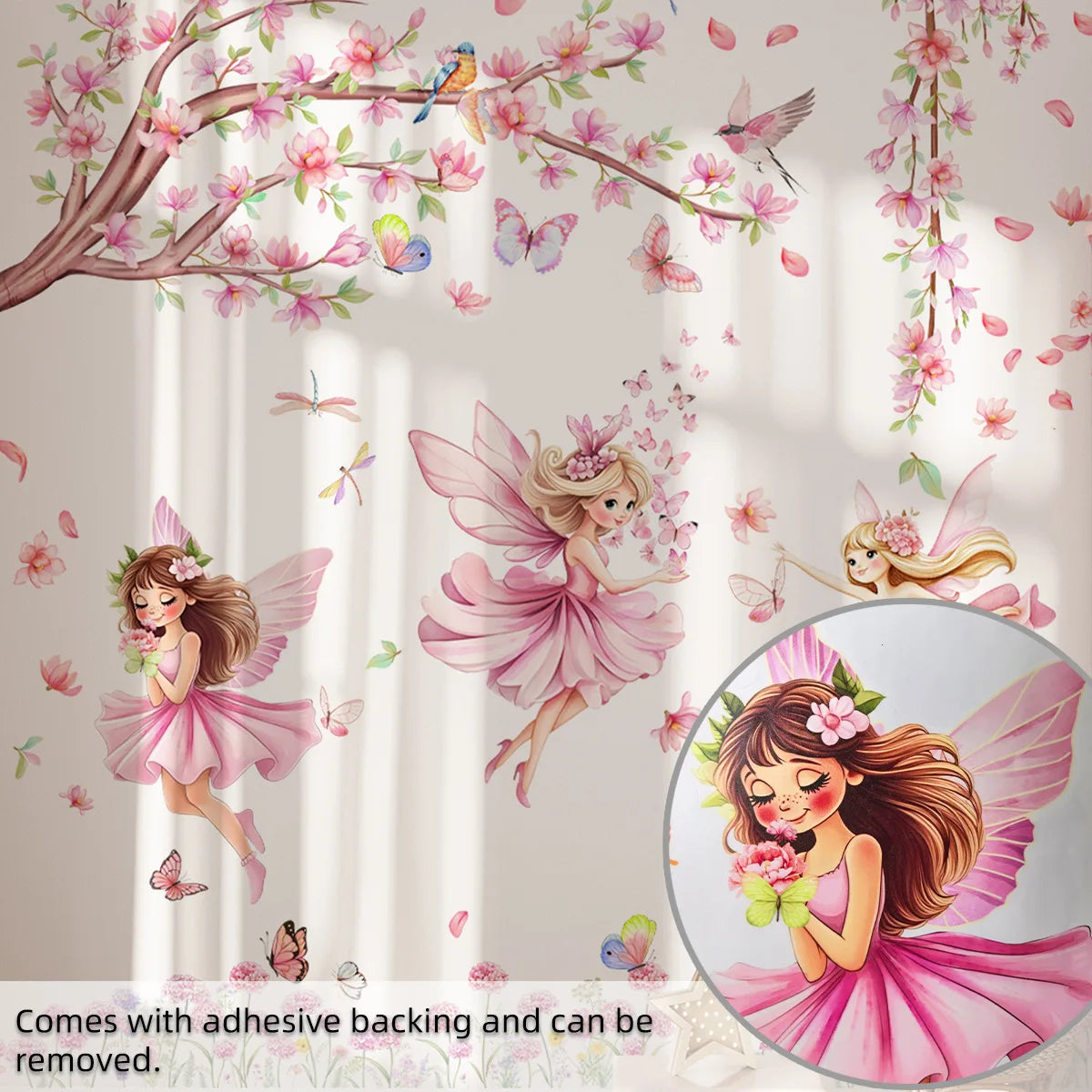 Pink Tree Branches Birds Butterflies Elf Girls Meet Wall Stickers Bedroom Children's Room Home Wall Decoration Self-adhesive-HomeDecorDecals_com