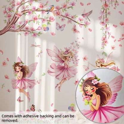 Pink Tree Branches Birds Butterflies Elf Girls Meet Wall Stickers Bedroom Children's Room Home Wall Decoration Self-adhesive-HomeDecorDecals_com