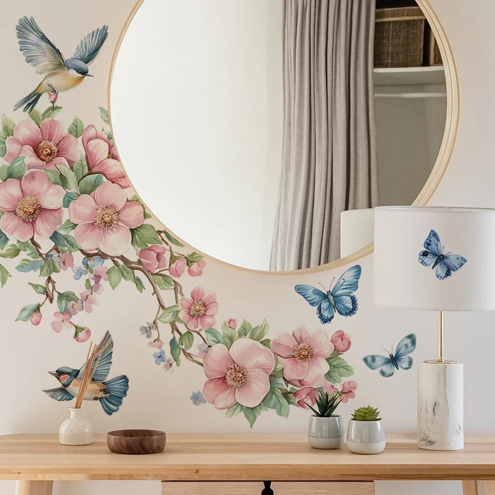 1PCS Watercolor Peach Tree Branches Leaves Bird Butterfly Bedroom Living Room Home Beautify Decorative Wall Stickers-HomeDecorDecals_com