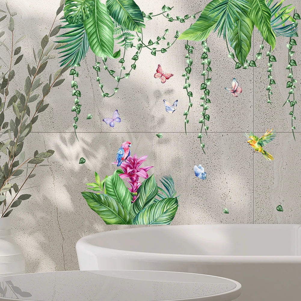 Red Flower Wall Stickers In Green Plants Children's Bedroom Wallpaper Baby Room Decoration Jungle Animal Murals-HomeDecorDecals_com