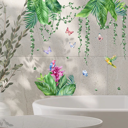 Red Flower Wall Stickers In Green Plants Children's Bedroom Wallpaper Baby Room Decoration Jungle Animal Murals-HomeDecorDecals_com