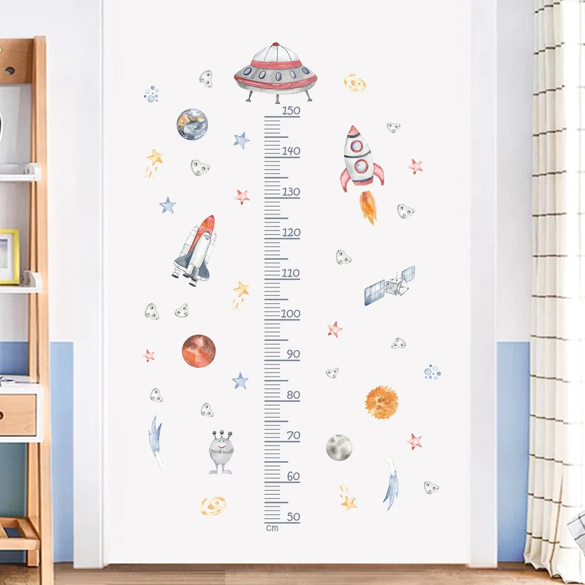 Cartoon Planet Airship Rocket Height Sticker for Wall Living Room Decoration Bedroom Kids Room Home Decor Accessories Wall Decal-HomeDecorDecals_com
