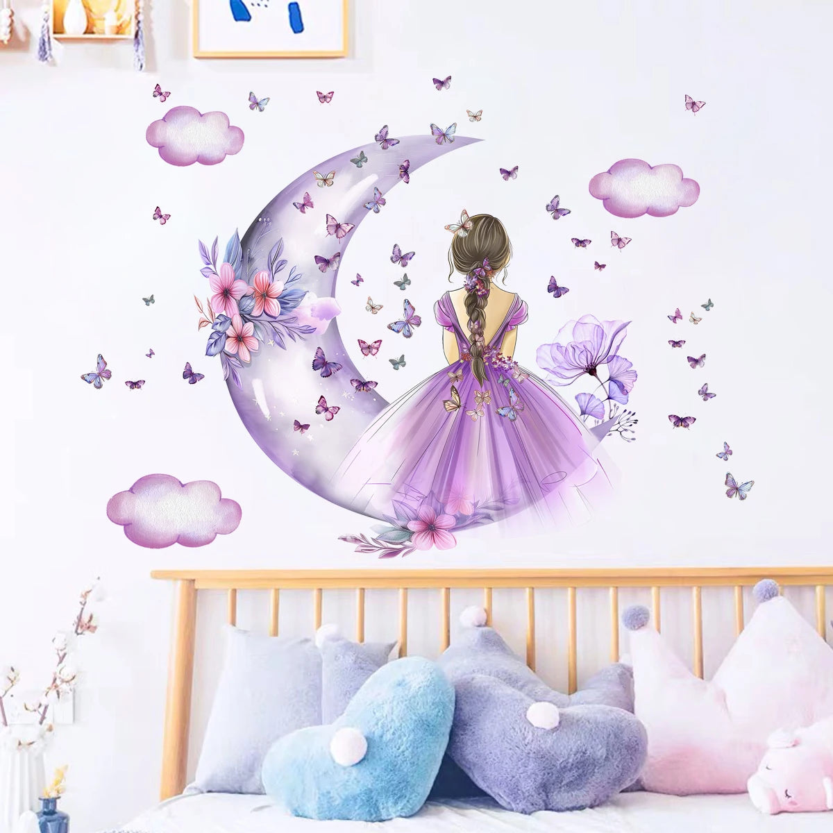 2Pcs Girl Cloud Moon Butterflies Wall Stickers Kids Girls Room Bedroom Decoration Home Decor Accessories Living Room Wall Decals-HomeDecorDecals_com