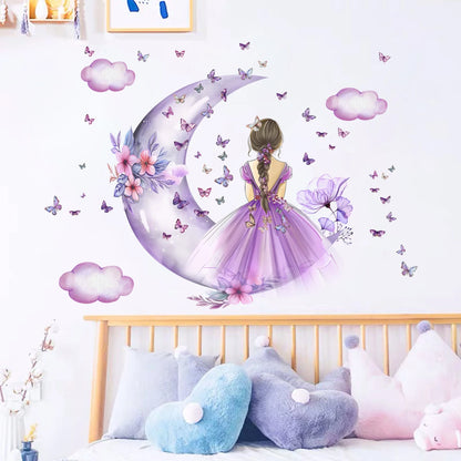 2Pcs Girl Cloud Moon Butterflies Wall Stickers Kids Girls Room Bedroom Decoration Home Decor Accessories Living Room Wall Decals-HomeDecorDecals_com