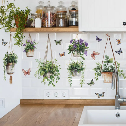 Close-up view of Potted Plants and Butterfly Wall Decal | Home Decor by HomeDecorDecals.