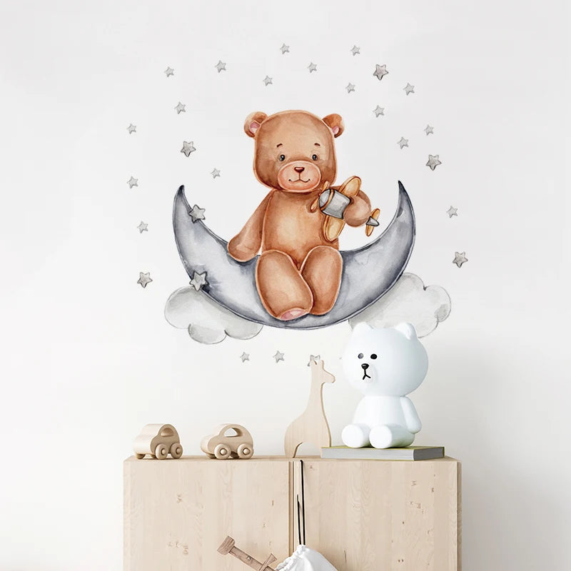 Cartoon Grey Baby Elephant Moon Gold Stars Wall Stickers for Kids Room Decor Nurserry Wall Decals Girl Boy Room Decorative-HomeDecorDecals_com