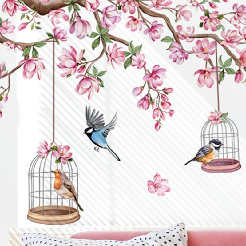 Pink Peach Blossom Bird Wall Sticker PVC Self-Adhesive Floral Wall Decal-HomeDecorDecals_com
