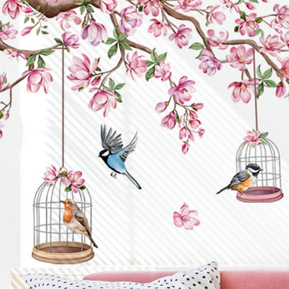 Pink Peach Blossom Bird Wall Sticker PVC Self-Adhesive Floral Wall Decal-HomeDecorDecals_com
