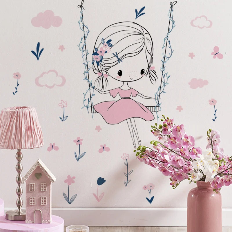Cartoon girl dandelion Wall Stickers Creative Home Wall Decor Self-adhesive Kids Room Decoration Bedroom Background Wall Decor-HomeDecorDecals_com