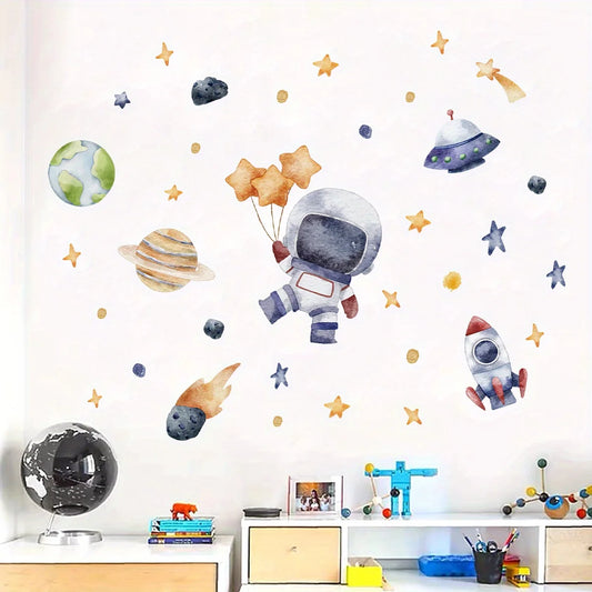 Cartoon Cute Astronaut Spaceship Rocket Planet Star Space Wall Stickers for Bedroom Living Room Nursery Decoration Wall Decal-HomeDecorDecals_com