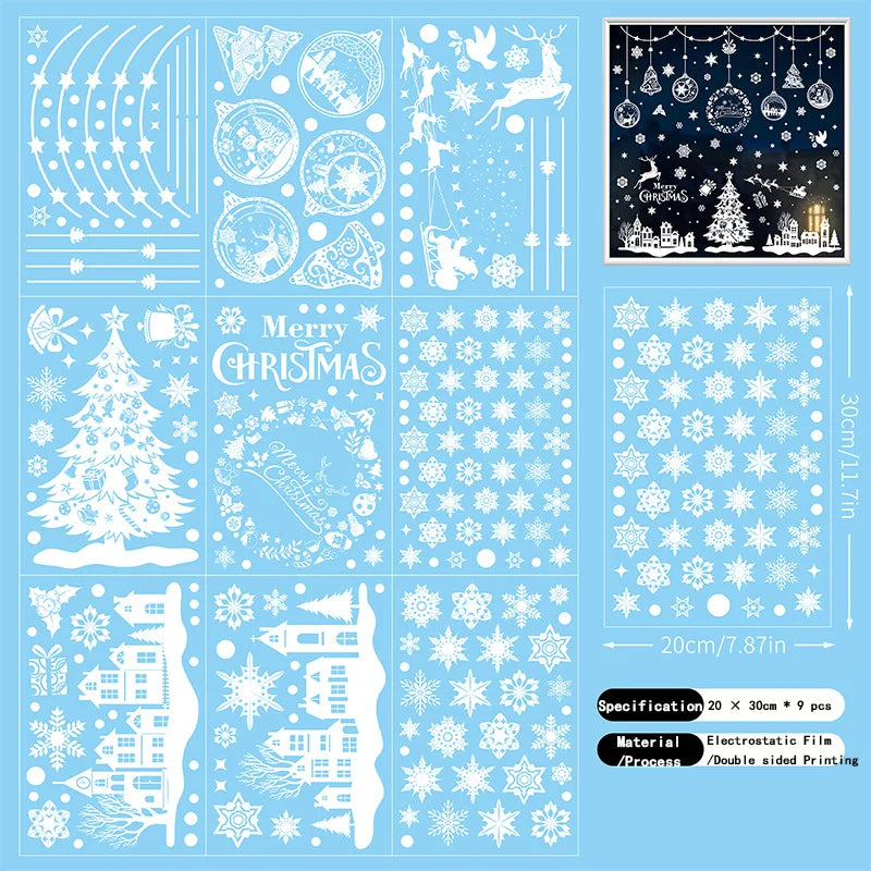 9pcs Snowflake Christmas Window Stickers Reindeer New Year Decal Wall Sticker White Christmas Electrostatic Stickers Decorations-HomeDecorDecals_com