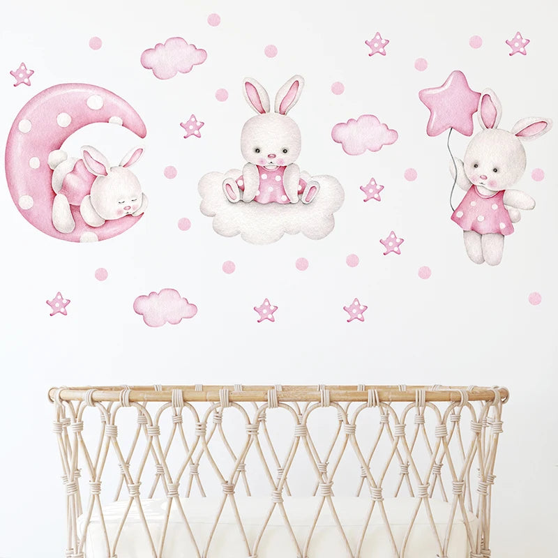 Cartoon Soft Pink Moon Clouds Stars Rabbit Wall Stickers for Children's Room Kids Room Baby Nursery Room Wall Decals Home Decor-HomeDecorDecals_com