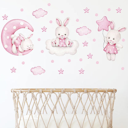Cartoon Soft Pink Moon Clouds Stars Rabbit Wall Stickers for Children's Room Kids Room Baby Nursery Room Wall Decals Home Decor-HomeDecorDecals_com