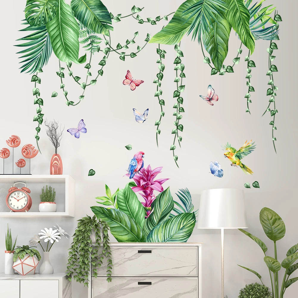 Red Flower Wall Stickers In Green Plants Children's Bedroom Wallpaper Baby Room Decoration Jungle Animal Murals-HomeDecorDecals_com