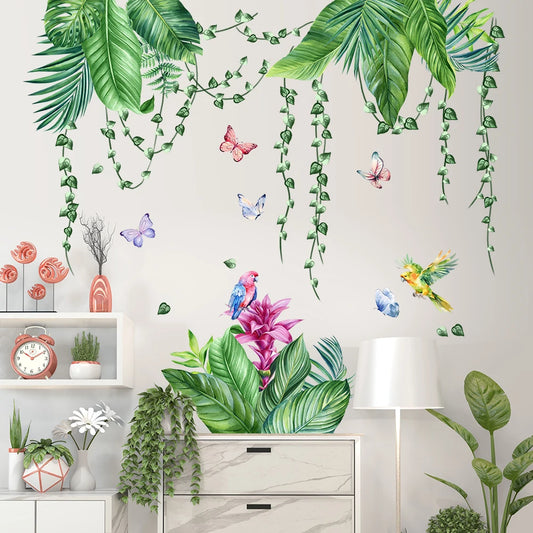 Red Flower Wall Stickers In Green Plants Children's Bedroom Wallpaper Baby Room Decoration Jungle Animal Murals-HomeDecorDecals_com