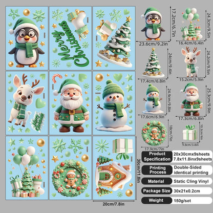 9 sheets/set Green Christmas Window Clings With Santa Penguin Reindeer Tree Static Cling Stickers For Kids' Room Window-HomeDecorDecals_com