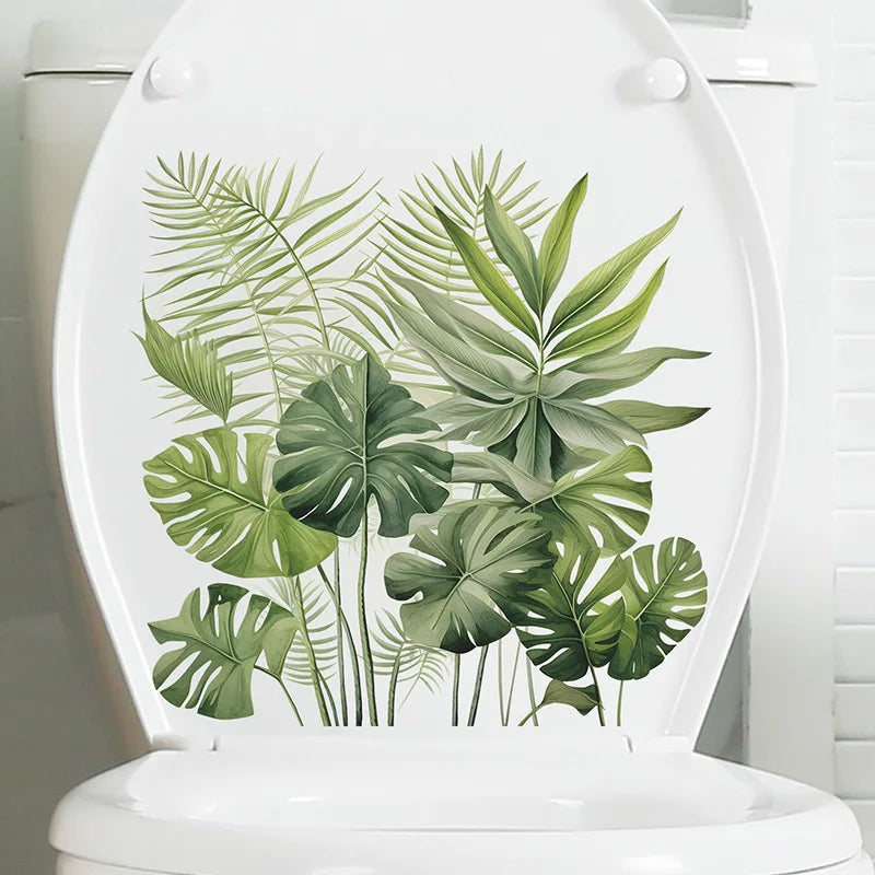 Green Plant Leaves Bathroom Toilet Sticker WC Closestool Wall Sticker Self Adhesive Mural Beautify Flower Home Decoration Decals-HomeDecorDecals_com