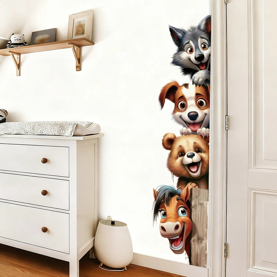 Funny Animal Wall Stickers With Horse Bear Dog And Wolf, Removable Self-Adhesive Animal Door Decals For Bedroom Hallway Decor-HomeDecorDecals_com