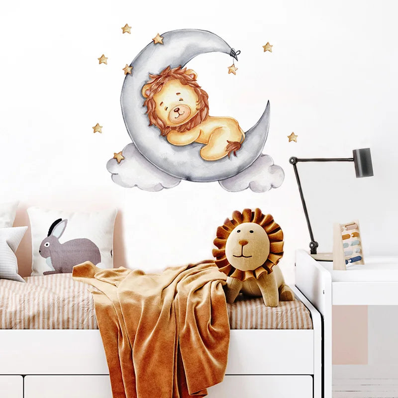 Cartoon Grey Baby Elephant Moon Gold Stars Wall Stickers for Kids Room Decor Nurserry Wall Decals Girl Boy Room Decorative-HomeDecorDecals_com
