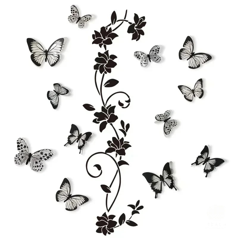 Additional view of Black Flower Vine and 3D Butterfly Wall Decal | Home Decor by HomeDecorDecals.