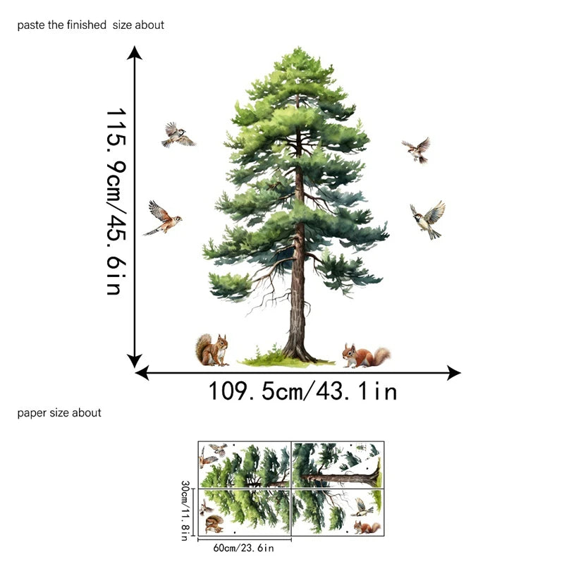 Big Pine Tree Vinyl Wall Stickers for Home Decoration Aesthetic Rooms Porch Fawn Squirrels Flying Birds Forest View Wallpaper-HomeDecorDecals_com