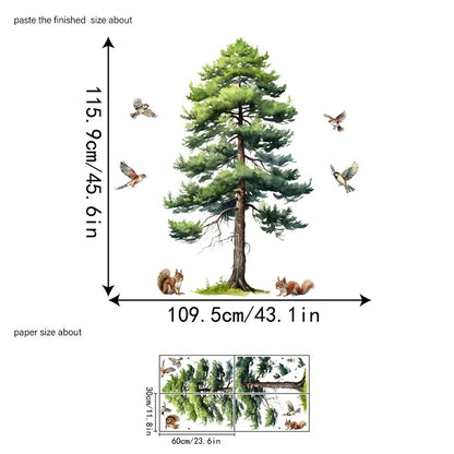 Big Pine Tree Vinyl Wall Stickers for Home Decoration Aesthetic Rooms Porch Fawn Squirrels Flying Birds Forest View Wallpaper-HomeDecorDecals_com